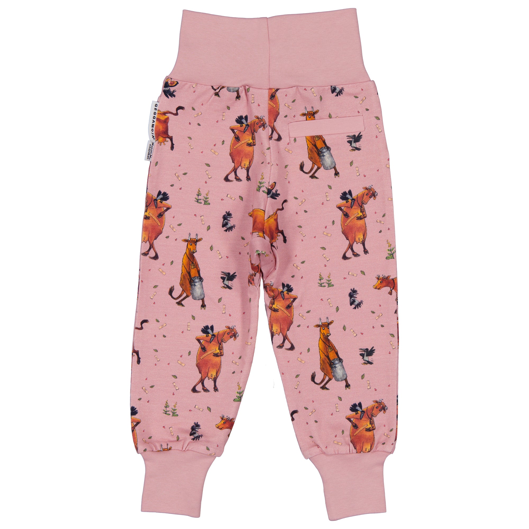 Rosa babybyxor i ekologisk bomull med Mamma Mu och Kråkan-mönster sett bakifrån från Geggamoja.