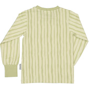 Green and white striped long-sleeved organic cotton shirt with soft cuffs by Geggamoja.