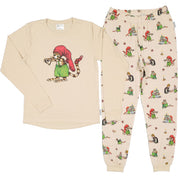 Beige two-piece adult pajamas in a soft bamboo blend with a Pettson and Findus motif from Geggamoja.