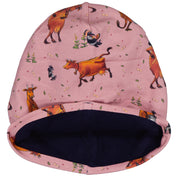 Pink fleece-lined children's hat in organic cotton with a Mamma Mu and Kråkan pattern from Geggamoja.