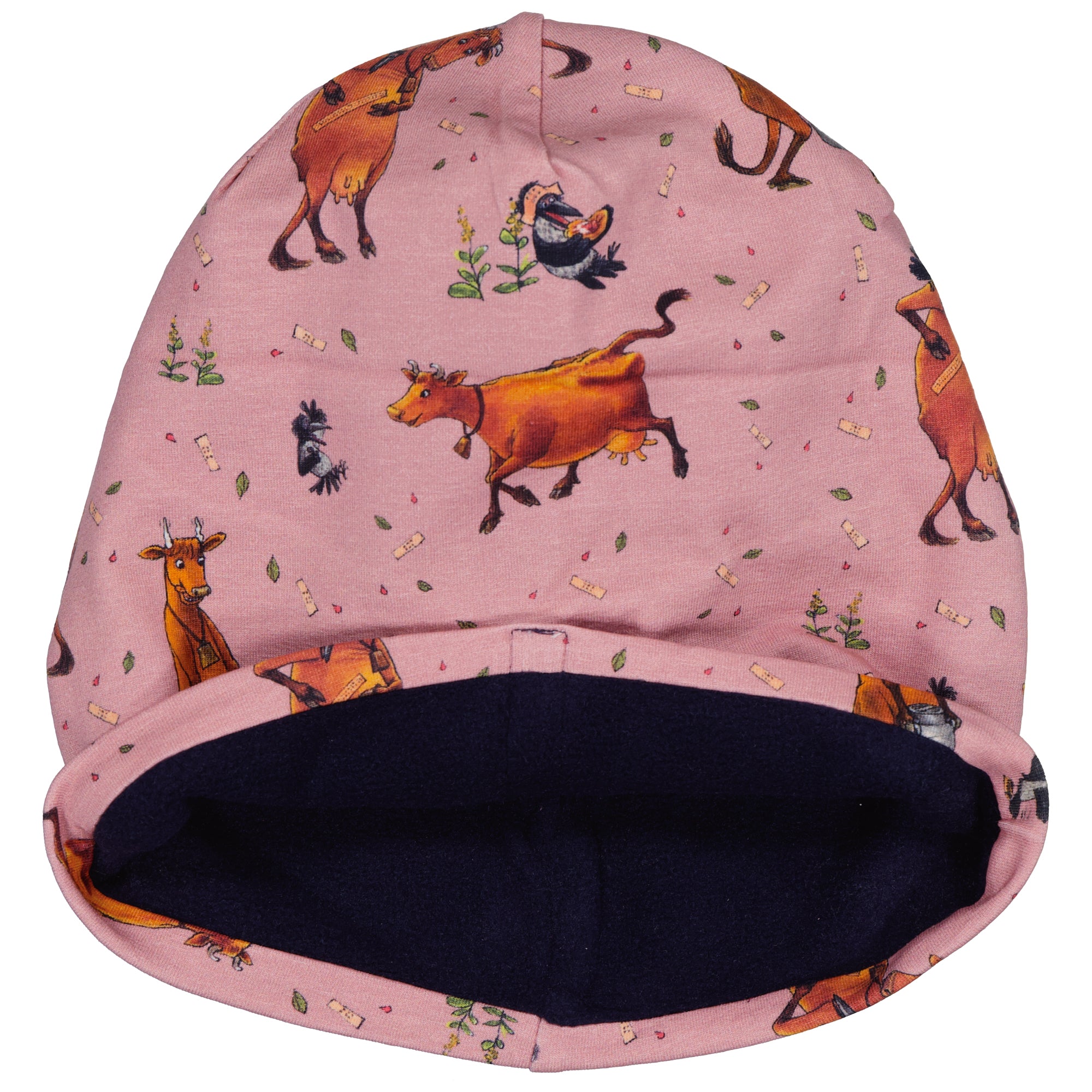 Pink fleece-lined children's hat in organic cotton with a Mamma Mu and Kråkan pattern from Geggamoja.