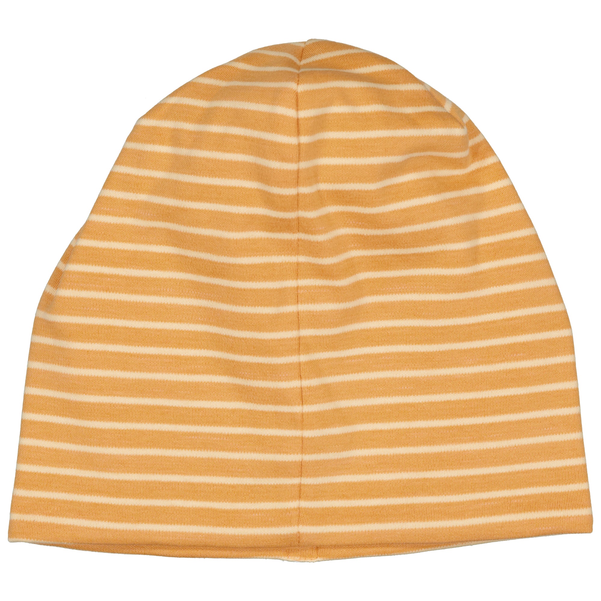 Yellow striped Topline beanie in soft interlock knit seen from the back by Geggamoja.