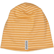Yellow striped beanie in soft interlock knit with the Geggamoja logo on the front.