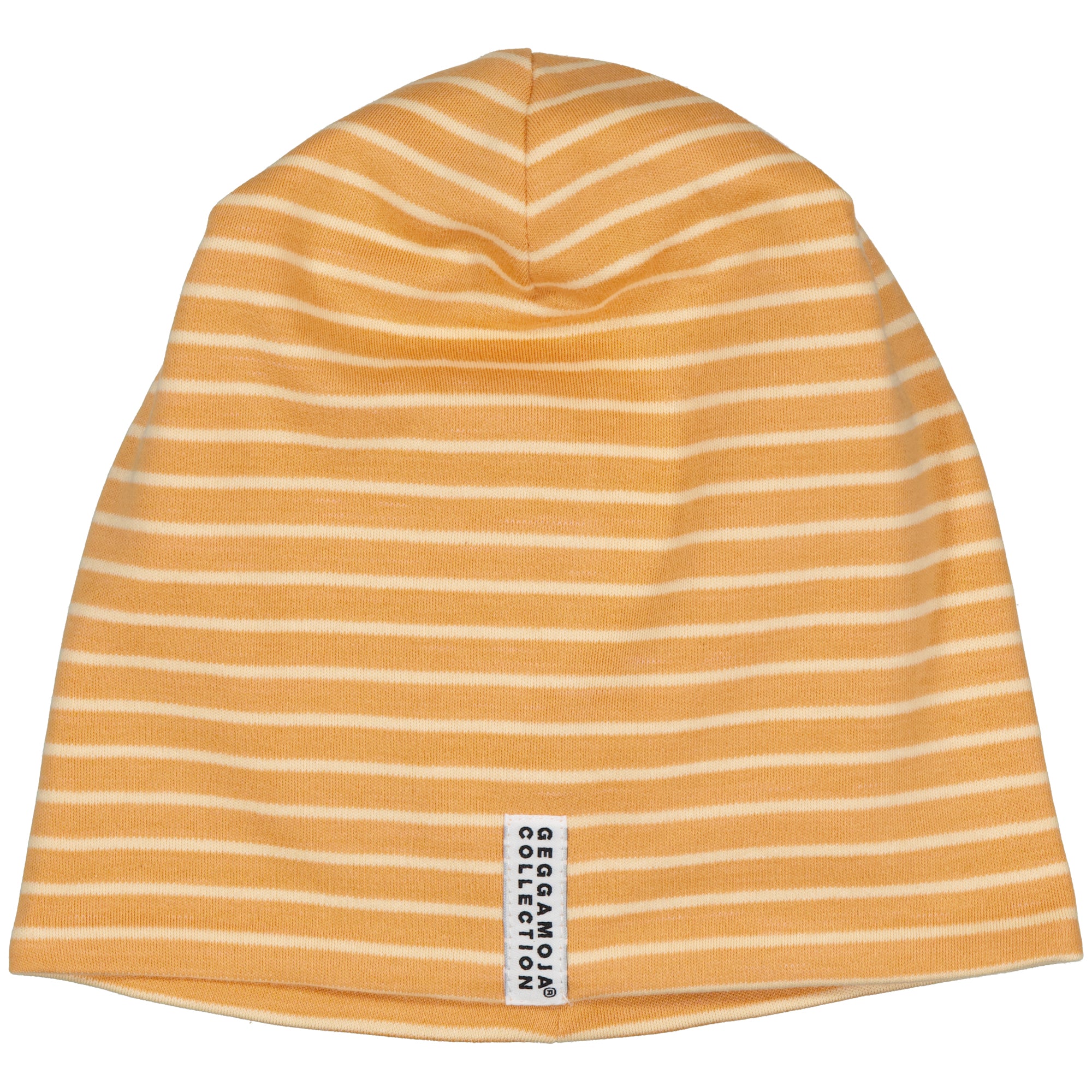 Gelb gestreifte Mütze aus weichem Interlock-Jersey mit Geggamoja-Logo vorne.