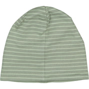 Grüne gestreifte Kindermütze Modell Topline aus weichem Interlock-Jersey von Geggamoja, Rückansicht.