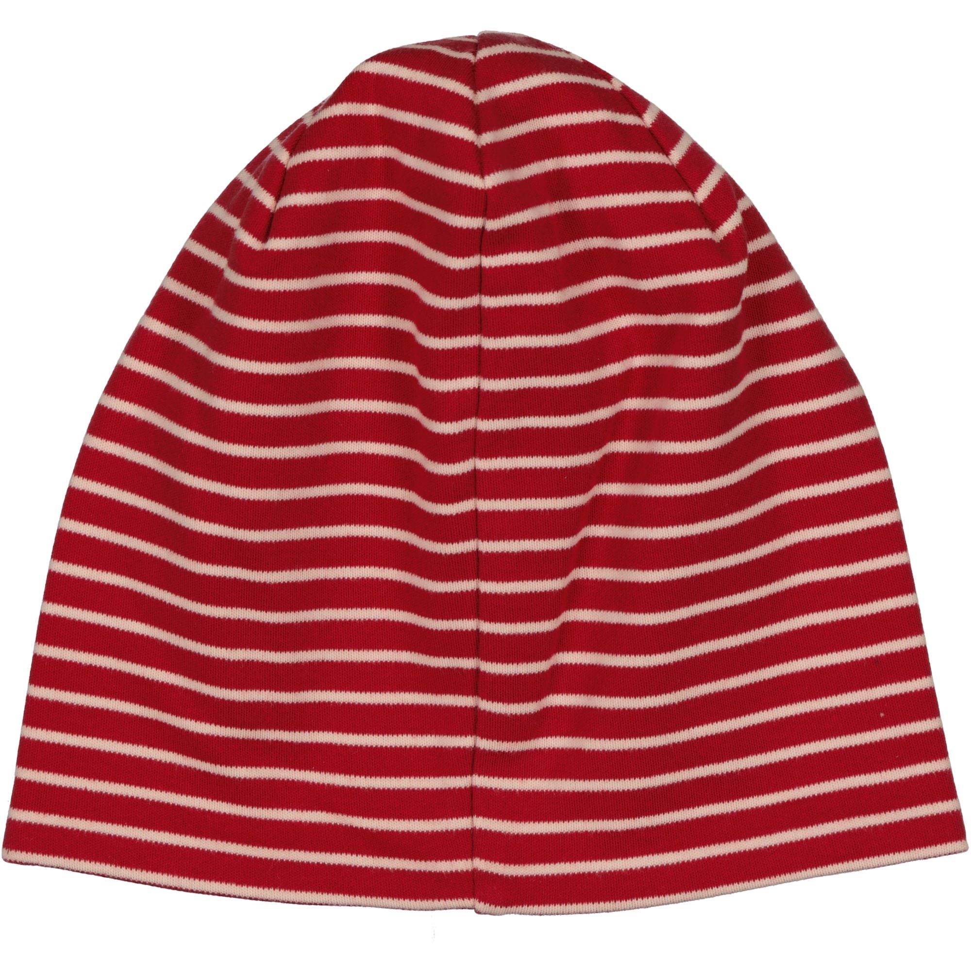 Rosa und rot gestreifte Topline-Mütze aus weichem Interlock-Jersey von Geggamoja, Rückansicht.