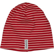 Rosa und rot gestreifte Mütze aus weichem Interlock-Jersey mit Logo vorne von Geggamoja, Vorderansicht.