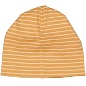 Yellow and white striped fleece-lined children's hat in the Topline model, viewed from the back, from Geggamoja.