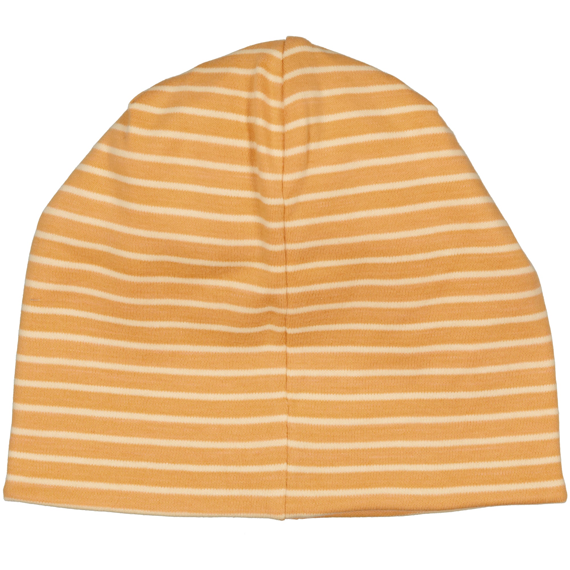 Yellow and white striped fleece-lined children's hat in the Topline model, viewed from the back, from Geggamoja.