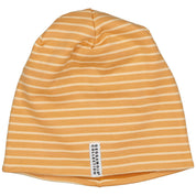 Yellow striped fleece-lined Topline hat with a small logo label from Geggamoja.