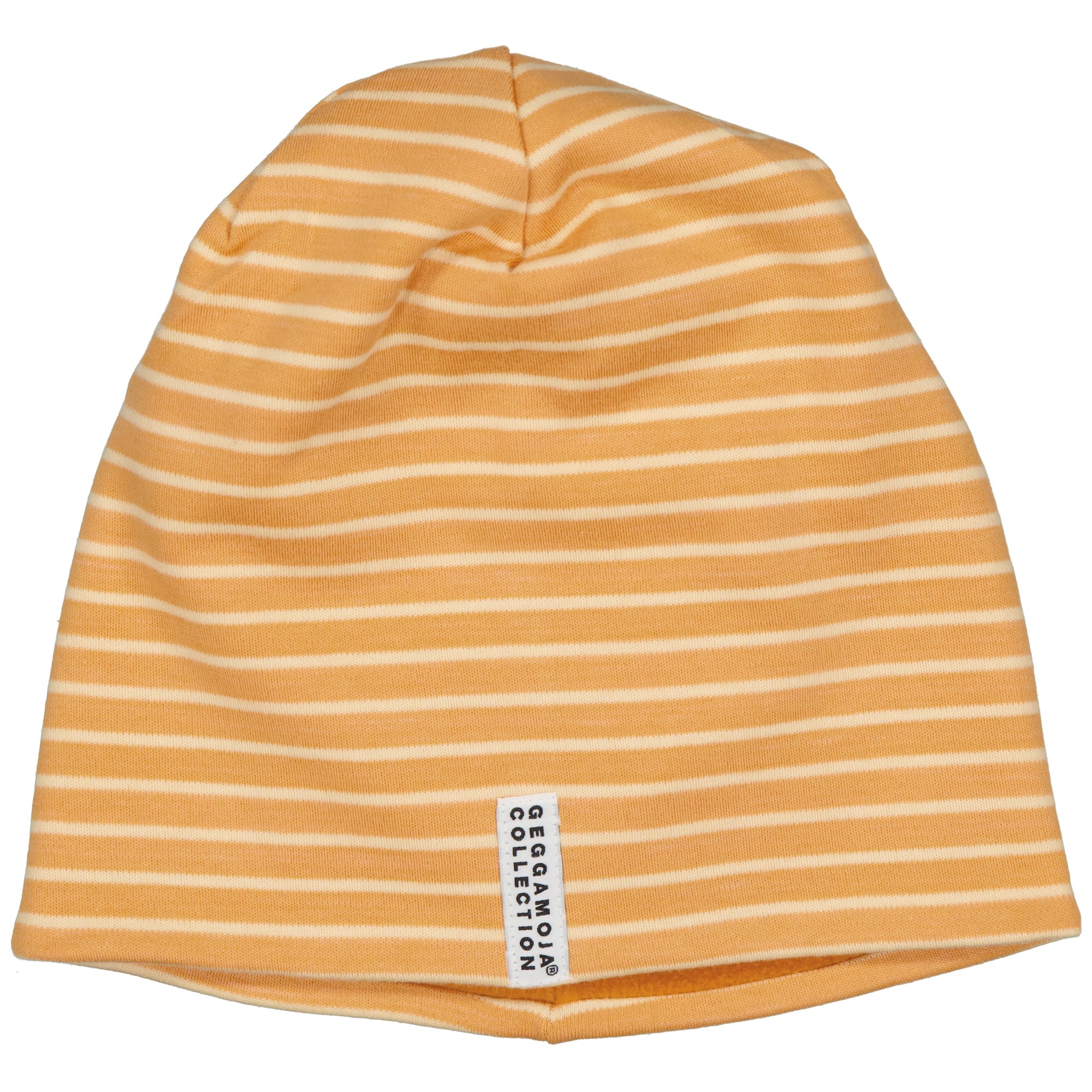 Yellow striped fleece-lined Topline hat with a small logo label from Geggamoja.