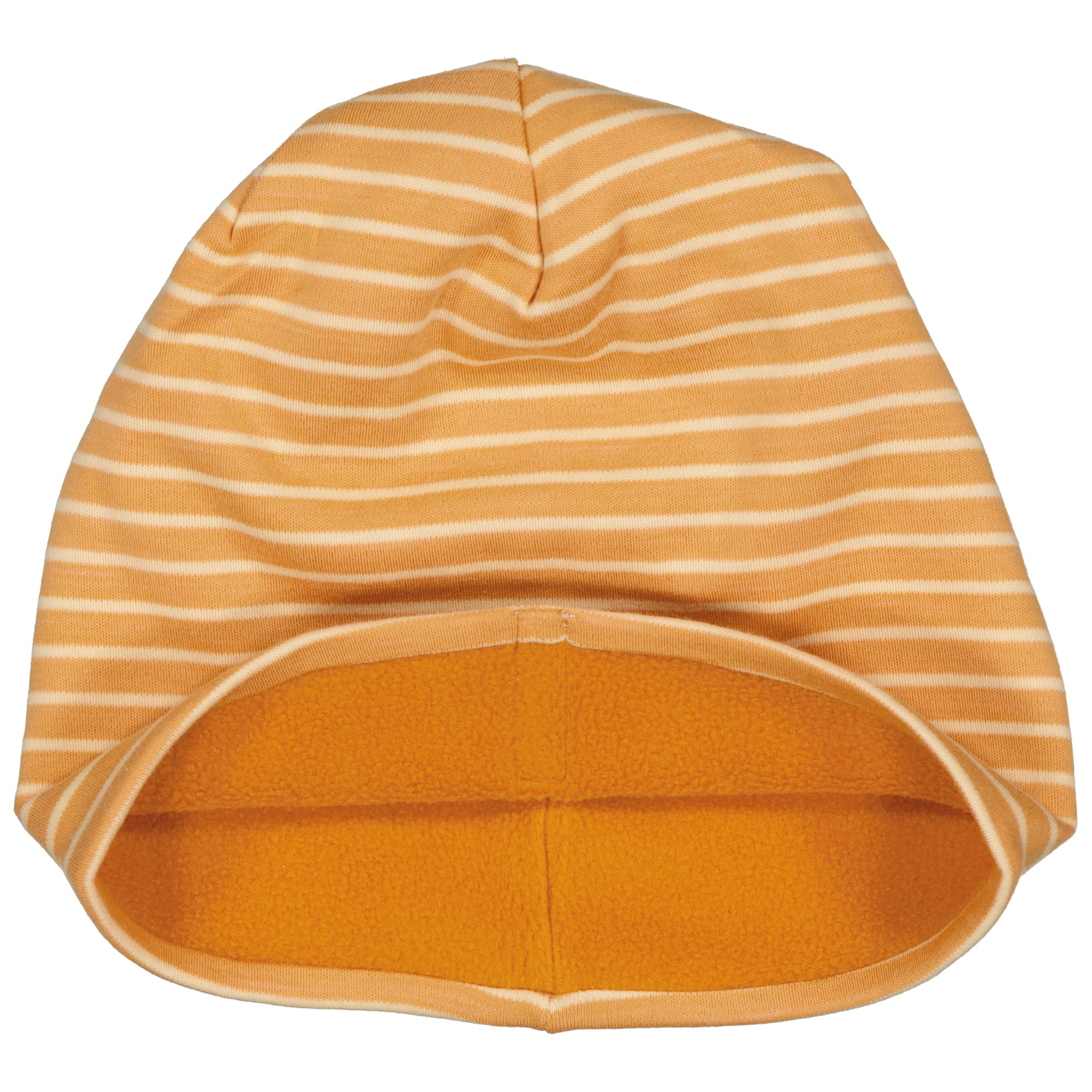 Yellow striped fleece-lined children's hat in the Topline model showing the soft fleece interior from Geggamoja.