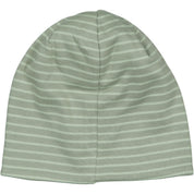 Green striped fleece-lined children's hat seen from the back from Geggamoja.