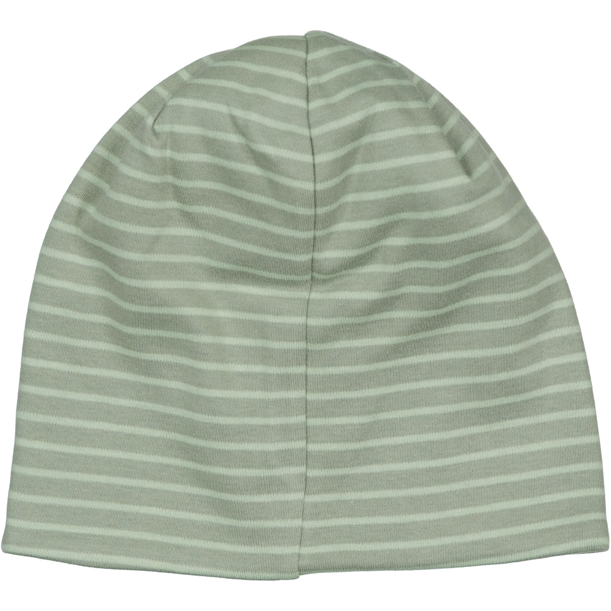 Green striped fleece-lined children's hat seen from the back from Geggamoja.