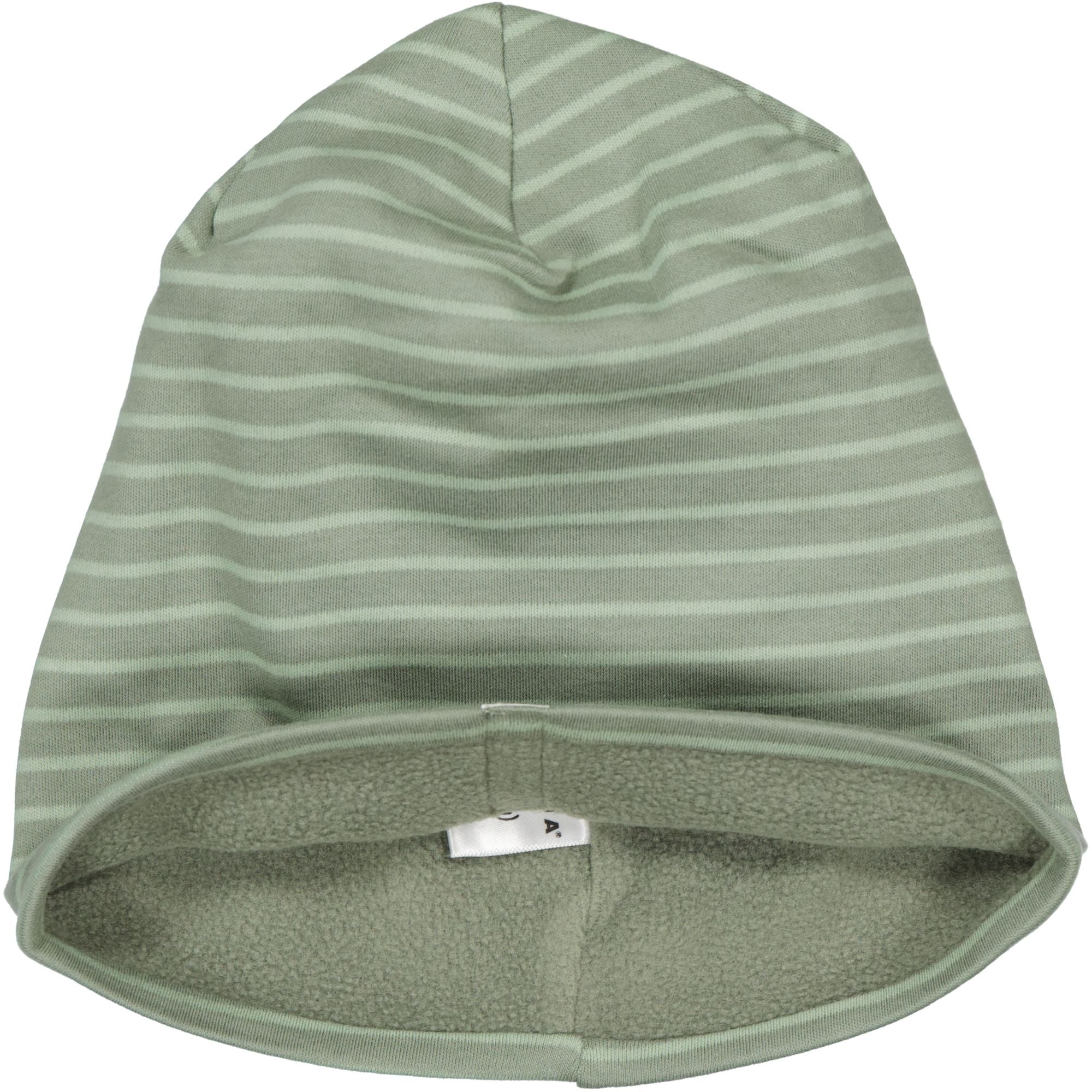 Green striped fleece-lined hat in soft interlock quality from Geggamoja.