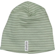Green striped fleece-lined children's hat with front logo in soft interlock from Geggamoja.