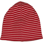 Pink and red striped fleece-lined children's hat Topline seen from the back from Geggamoja.