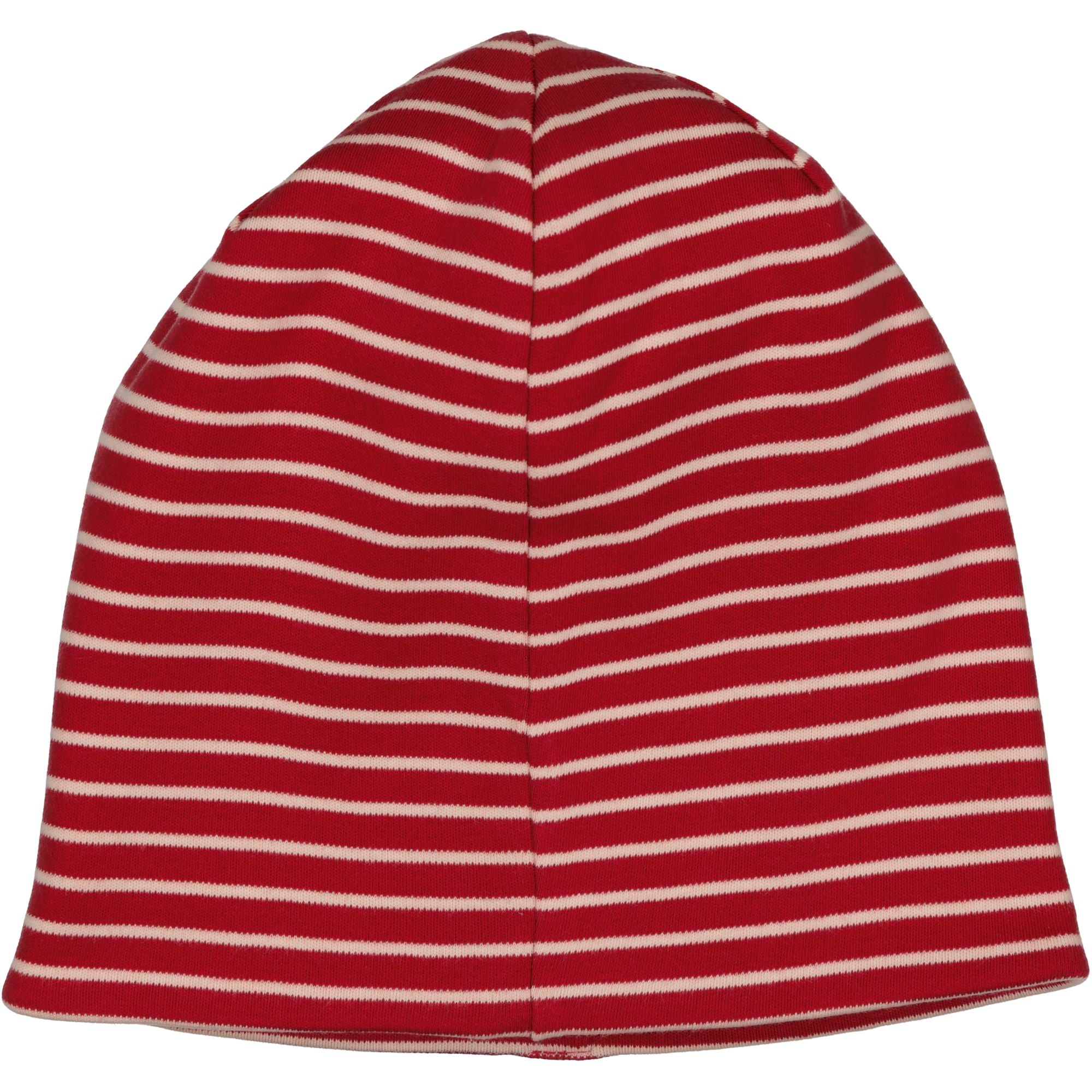 Pink and red striped fleece-lined children's hat Topline seen from the back from Geggamoja.