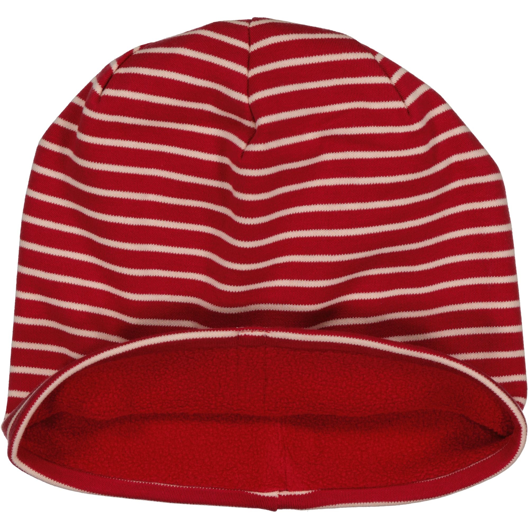 Pink and red striped fleece-lined children's beanie in soft interlock with a folded hem from Geggamoja.