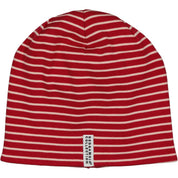 Front view of the pink and red striped fleece-lined children's hat Topline from Geggamoja.