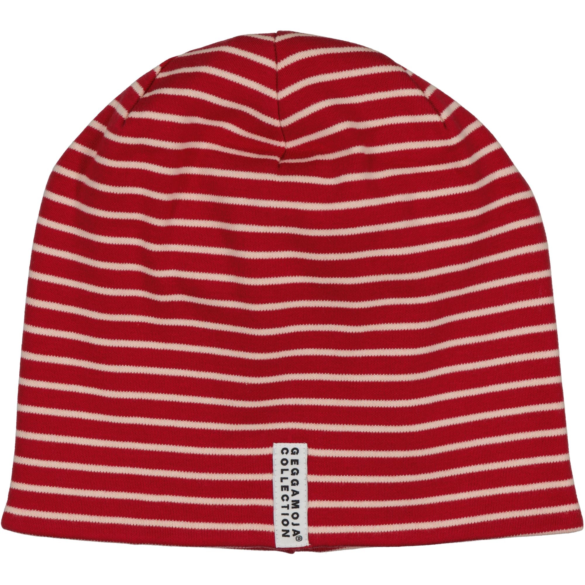 Front view of the pink and red striped fleece-lined children's hat Topline from Geggamoja.