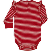 Rosa og rød langermet stripete babybody i økologisk bomull med volanger sett bakfra fra Geggamoja.