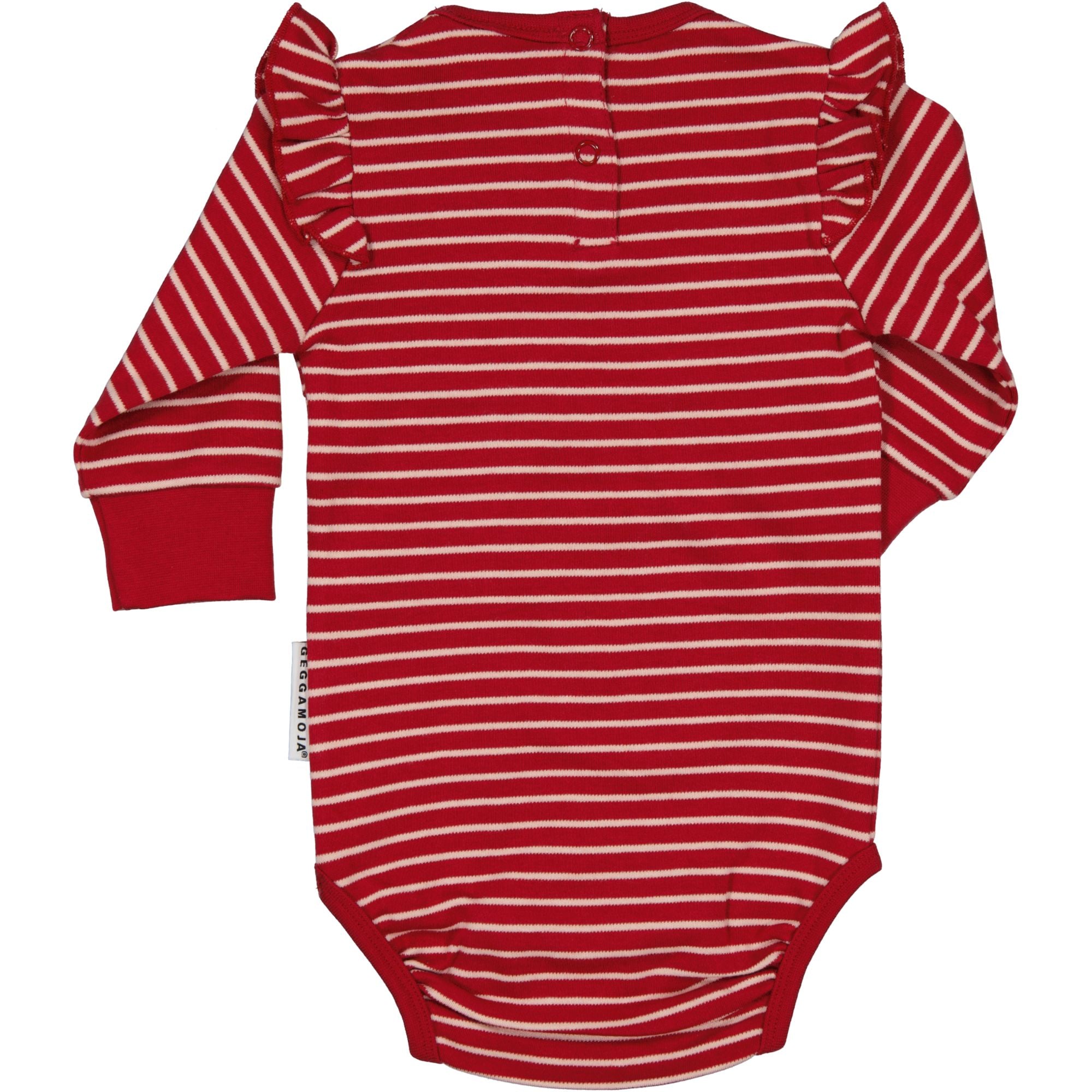 Rosa og rød langermet stripete babybody i økologisk bomull med volanger sett bakfra fra Geggamoja.