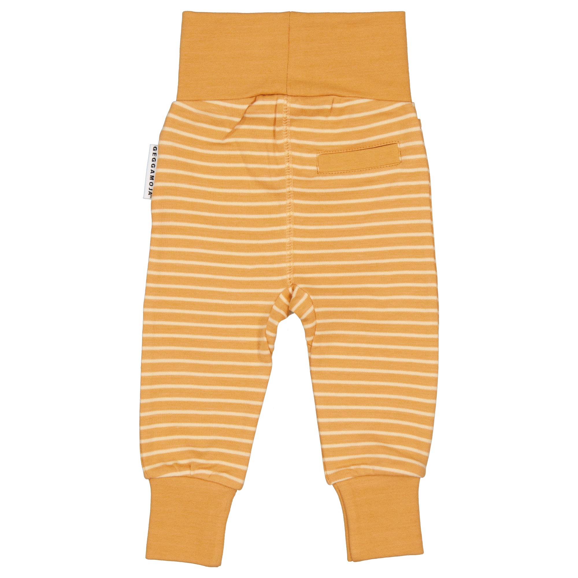 Yellow and striped organic cotton baby pants seen from the back from Geggamoja.