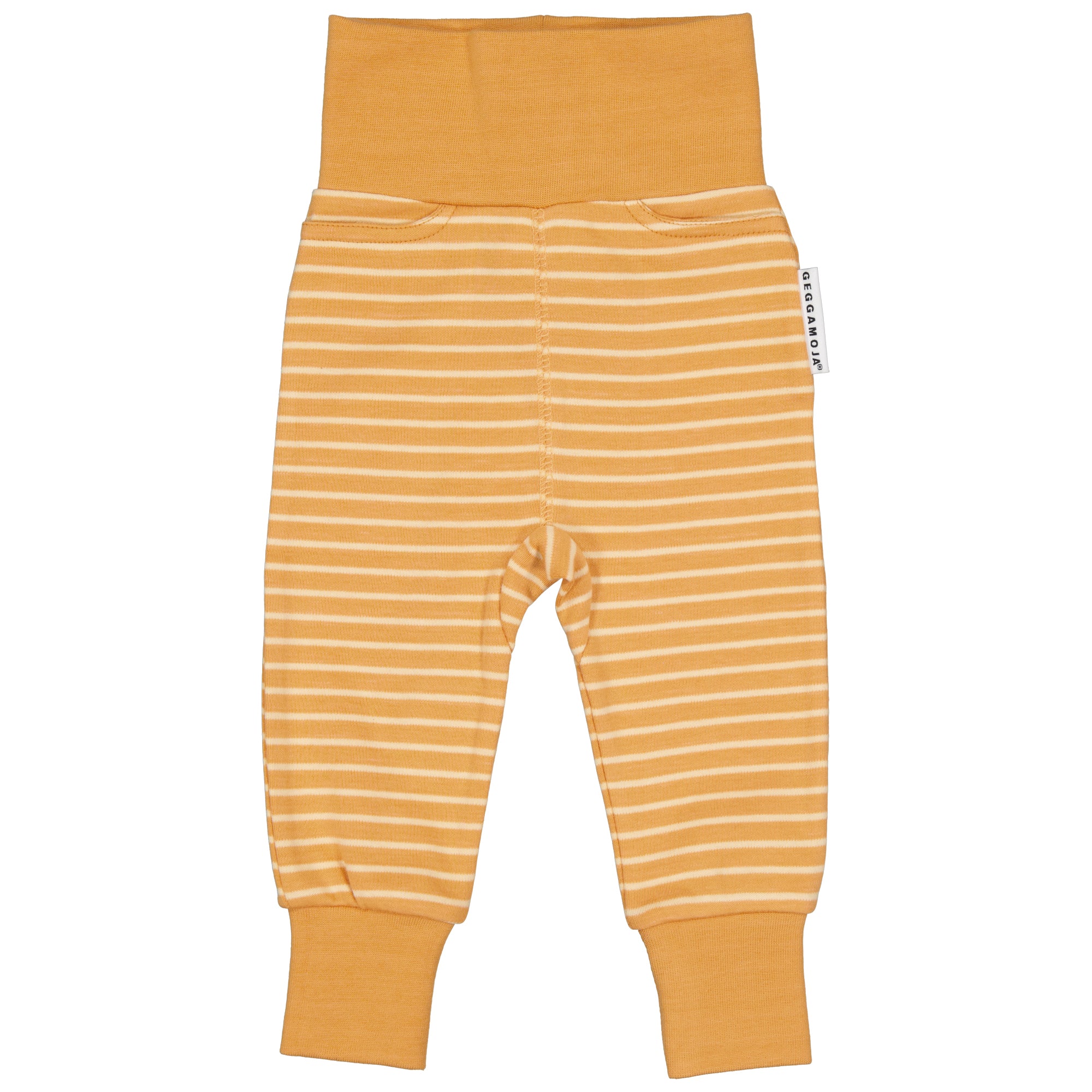 Yellow and striped baby pants in soft organic cotton with wide cuffs from Geggamoja.