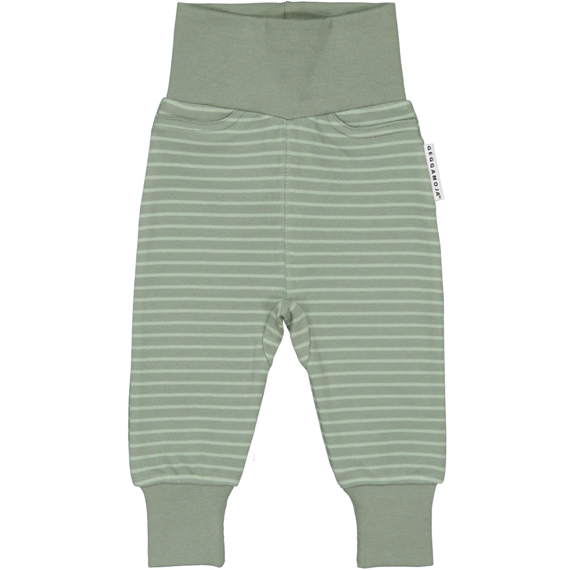 Green-striped baby trousers in soft organic cotton with wide cuffs from Geggamoja.