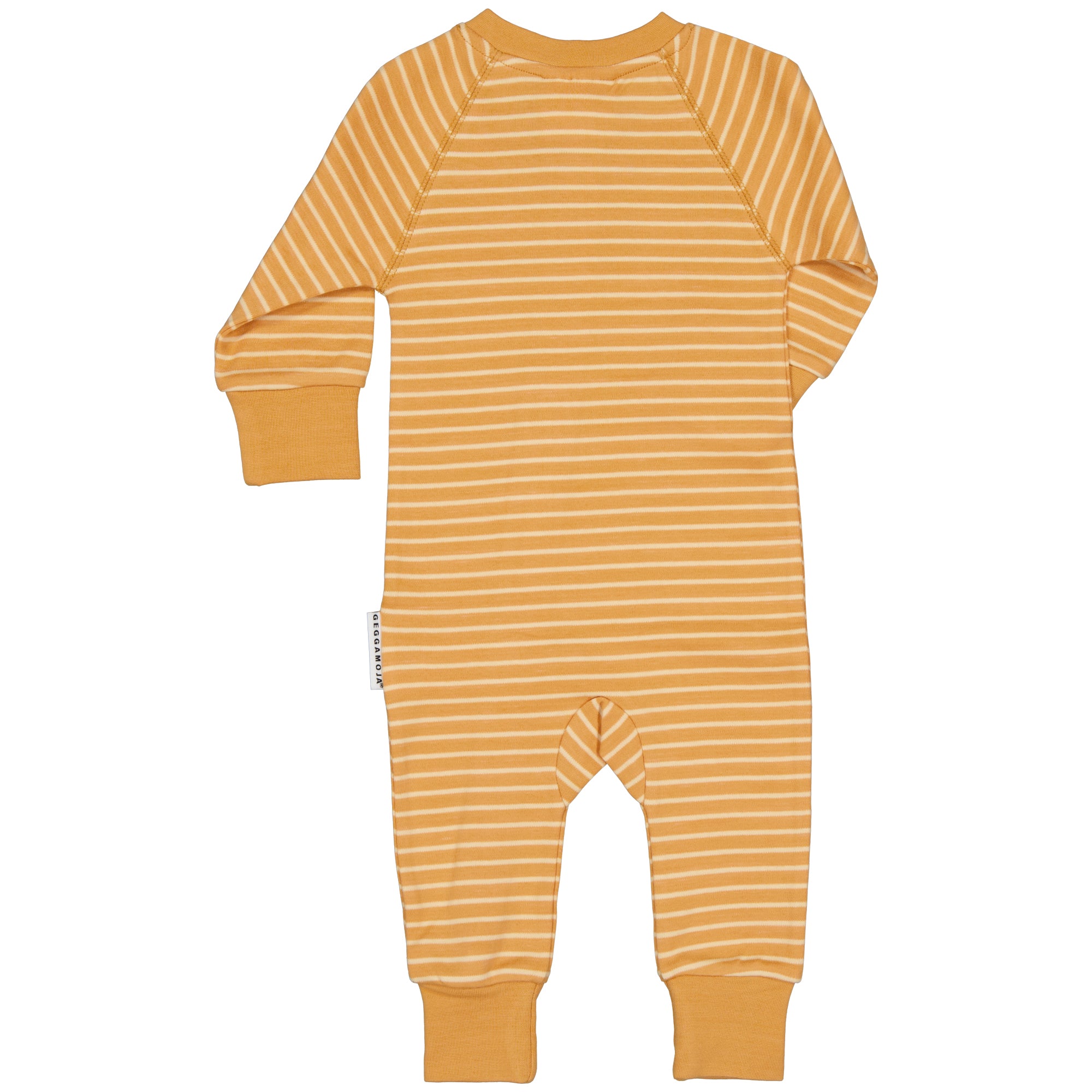 Gul och vitrandig pyjamas i mjuk ekologisk bomull med långa ärmar sedd bakifrån från Geggamoja.