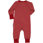 Rosa och röd randig pyjamas i ekologisk bomull sett bakifrån från Geggamoja.