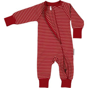 Rosa och röd randig pyjamas i ekologisk bomull med öppen tvåvägsdragkedja från Geggamoja.