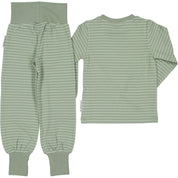 Green two-piece striped organic cotton pajamas shown from the back from Geggamoja.