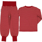 Rosa och röd tvådelad randig pyjamas i ekologisk bomull sett bakifrån från Geggamoja.