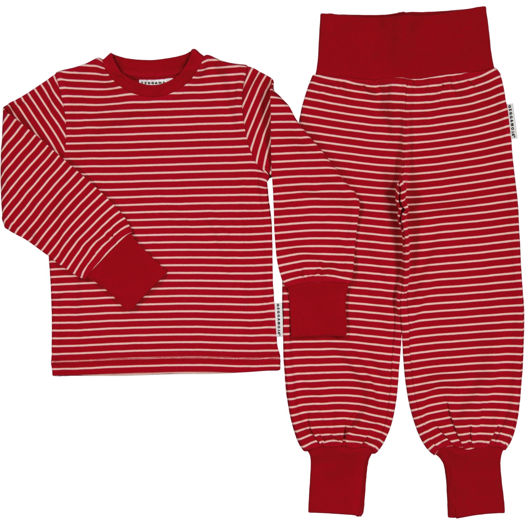 Rosa och röd randig tvådelad pyjamas i mjuk ekologisk bomull från Geggamoja.