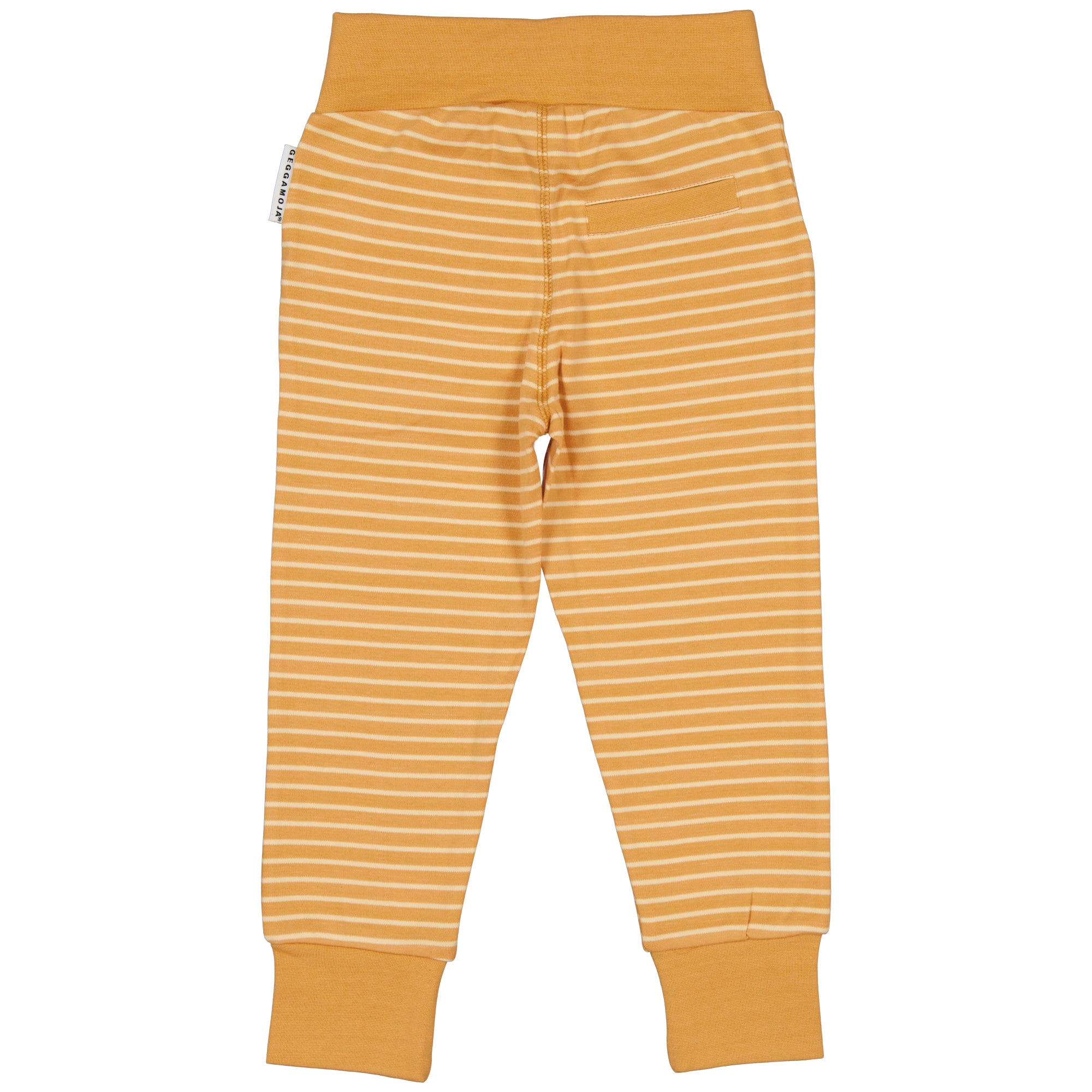 Yellow striped organic cotton sweatpants viewed from the back with a faux back pocket from Geggamoja.