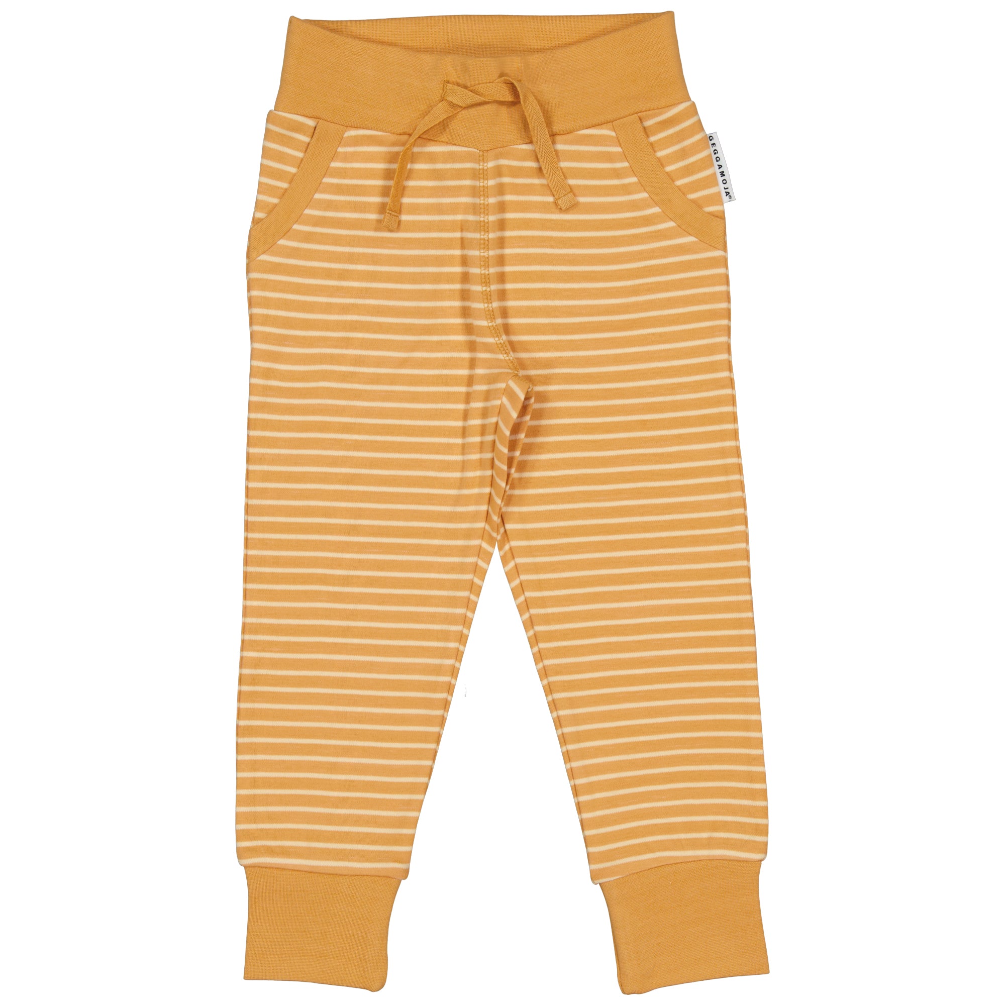 Yellow striped organic cotton sweatpants with front pockets and cuffs from Geggamoja.