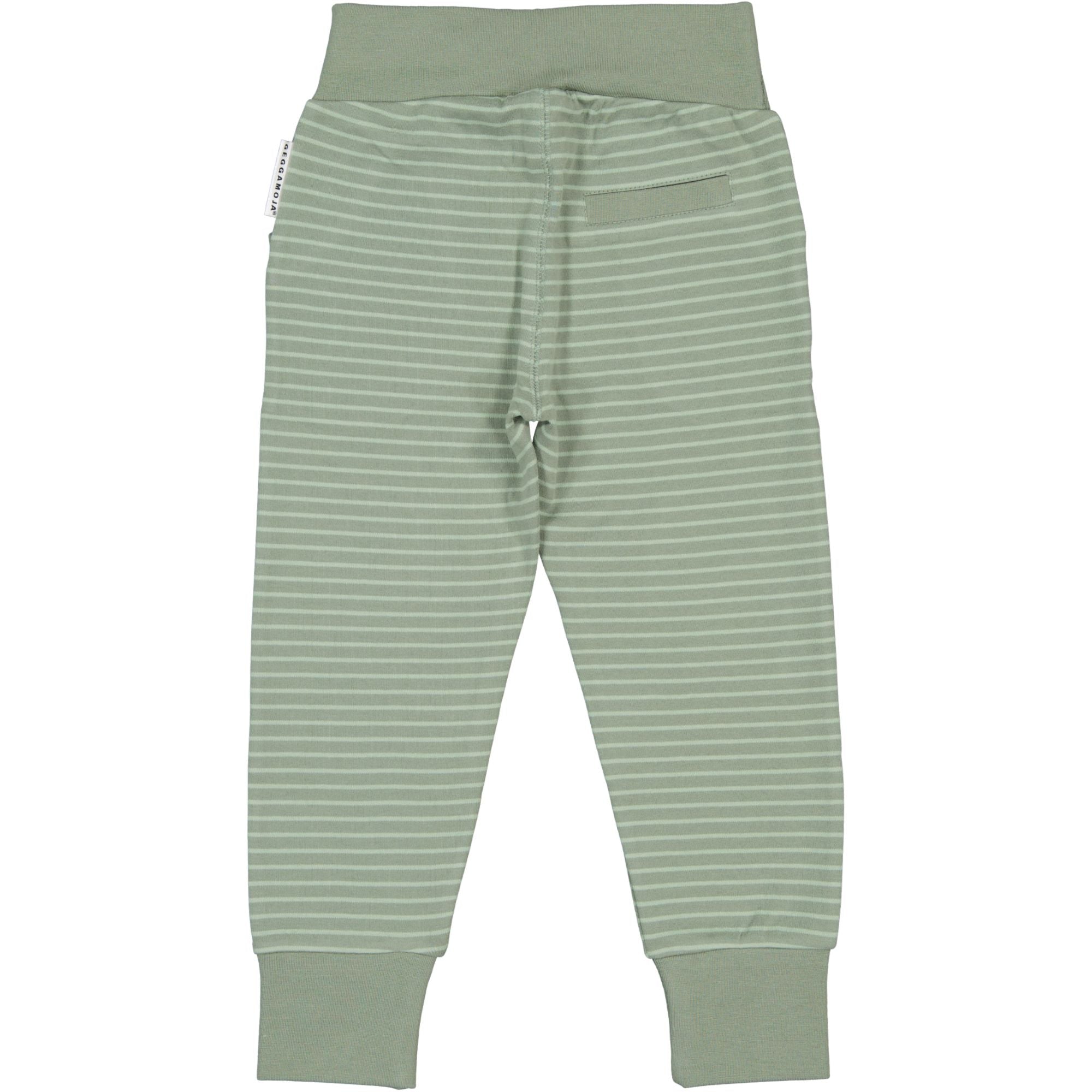 Green striped organic cotton sweatpants viewed from the back by Geggamoja.