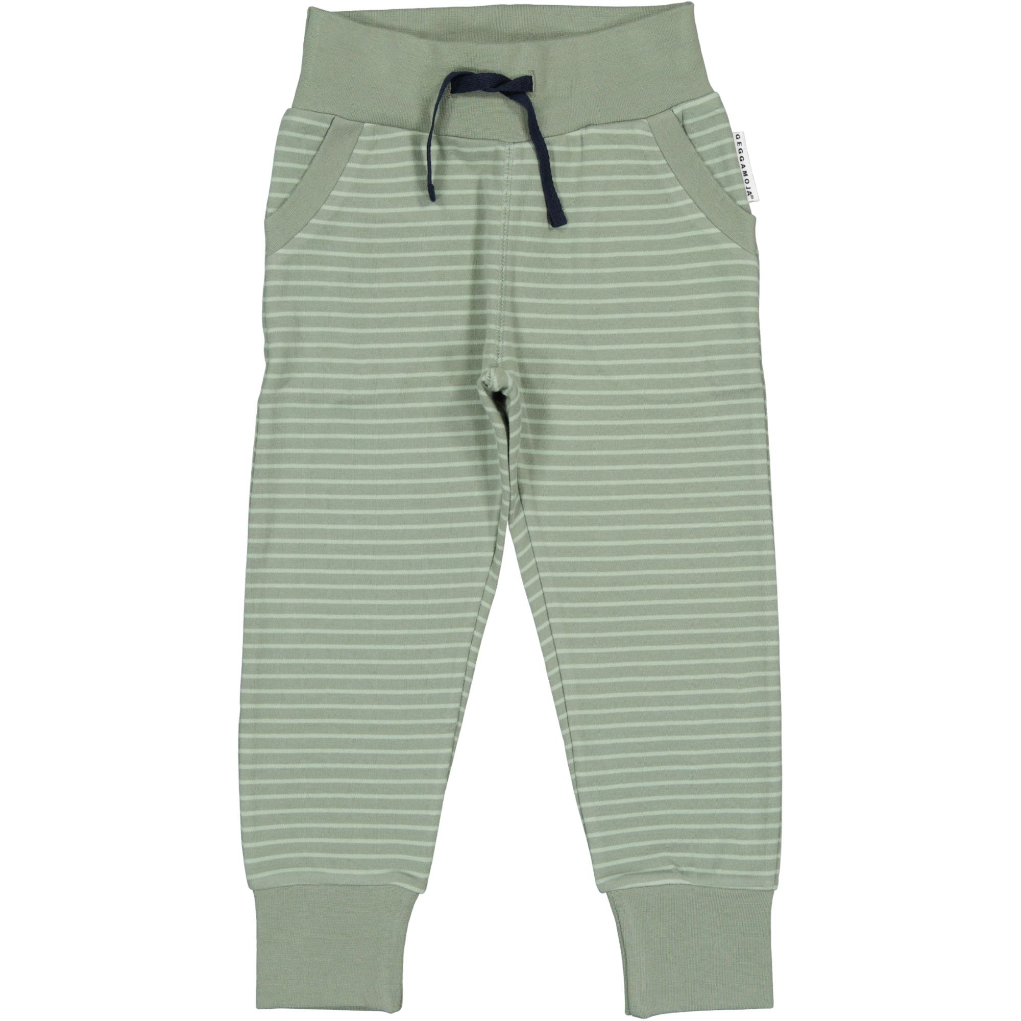Green striped organic cotton sweatpants with slanted front pockets and an adjustable waistband from Geggamoja.