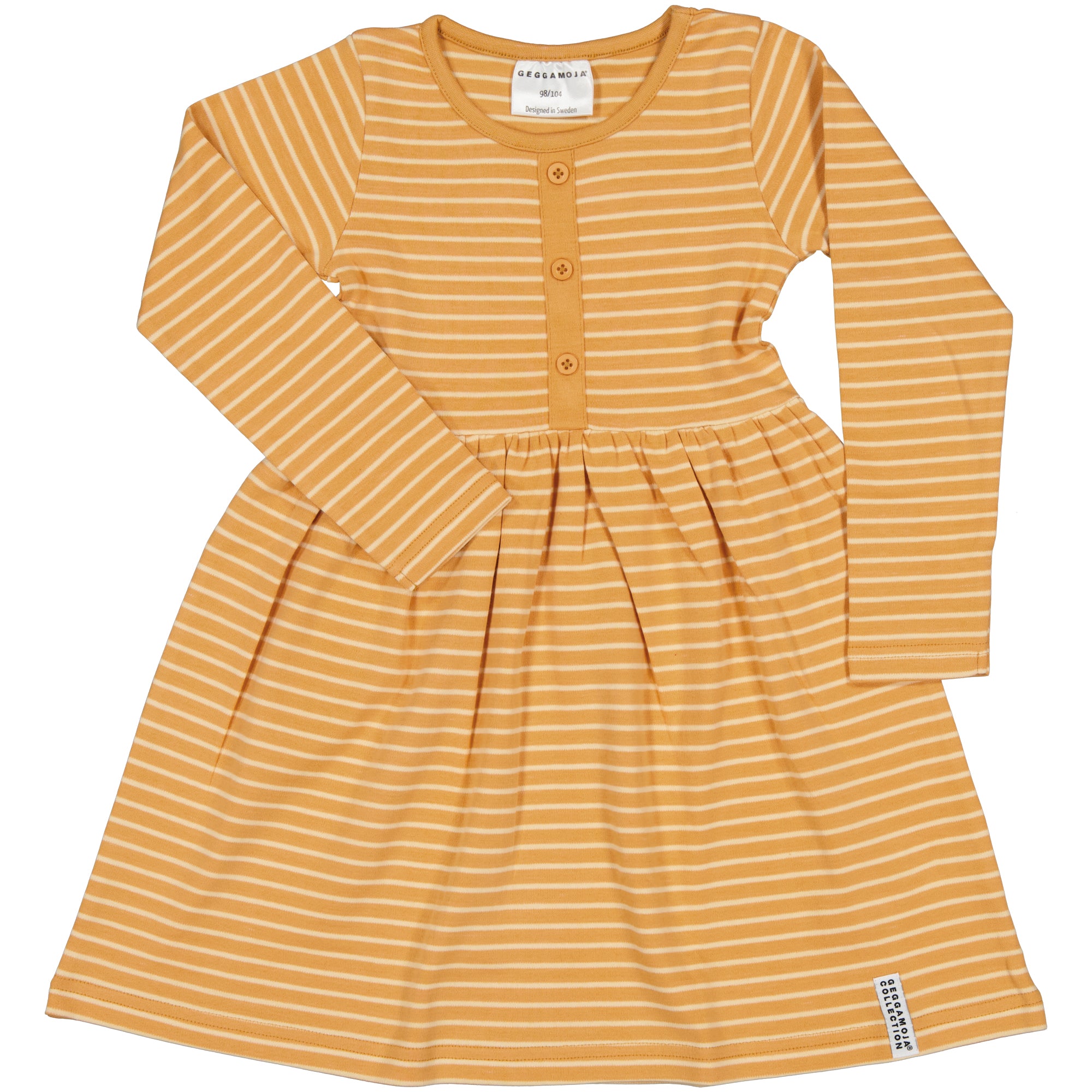 Yellow-striped long-sleeved children's dress in soft organic cotton with front buttons from Geggamoja.