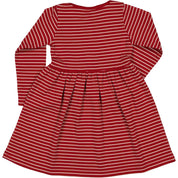 Pink and red striped long-sleeved children's dress in soft organic cotton viewed from the back by Geggamoja.