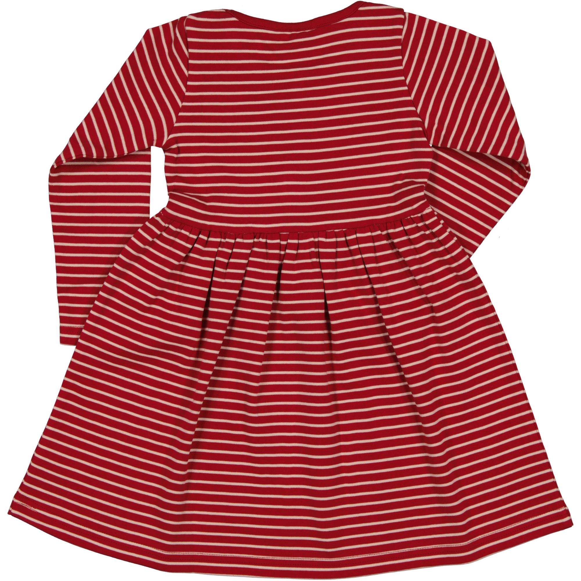 Pink and red striped long-sleeved children's dress in soft organic cotton viewed from the back by Geggamoja.