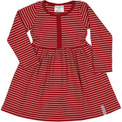 Pink and red striped long-sleeved dress in soft organic cotton with front buttons from Geggamoja.