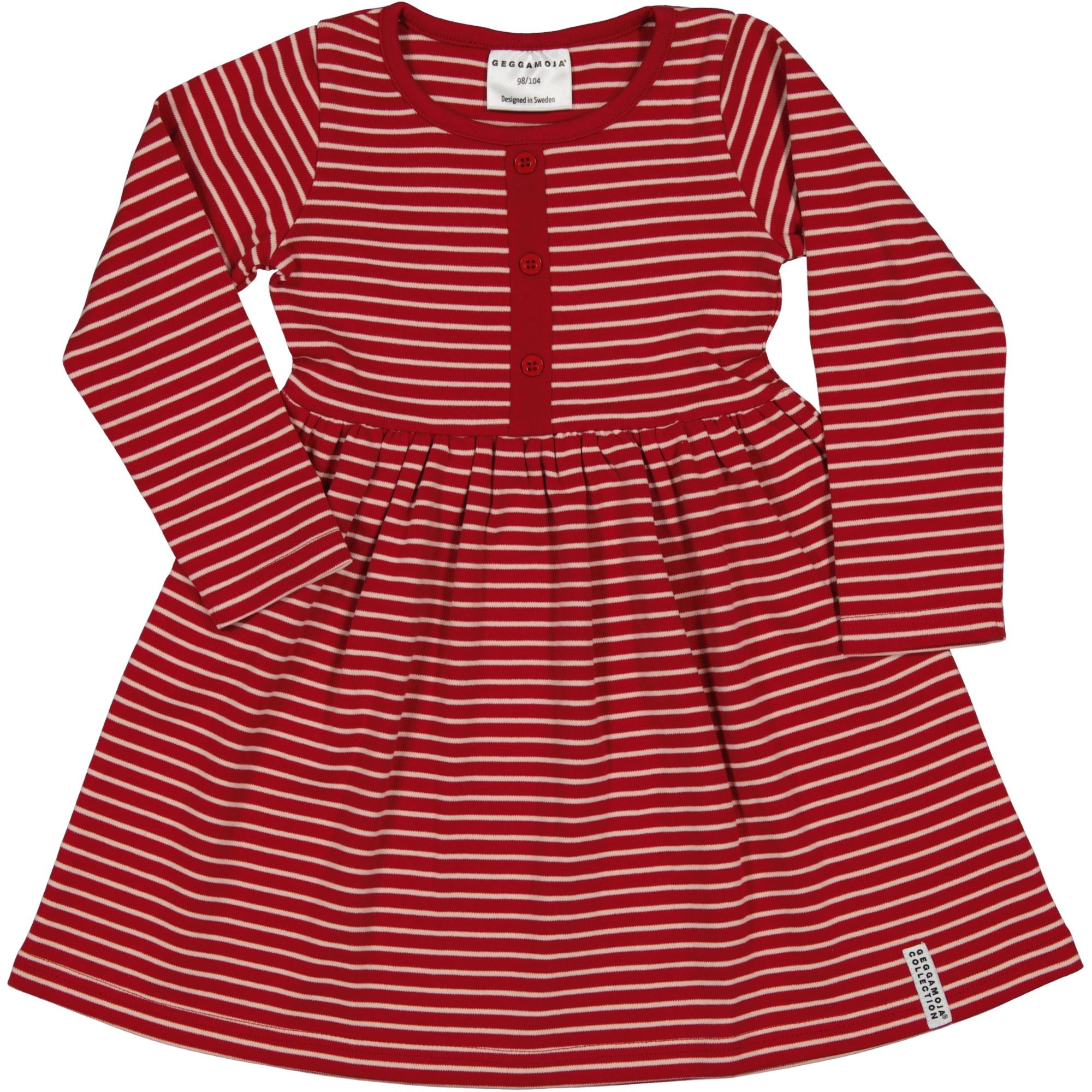 Pink and red striped long-sleeved dress in soft organic cotton with front buttons from Geggamoja.