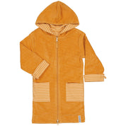 Yellow striped hooded bathrobe with a zipper in soft terry cloth from Geggamoja.