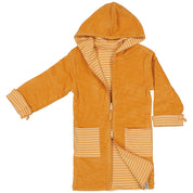 Yellow striped bathrobe in soft terry cloth with a hood and zipper from Geggamoja.