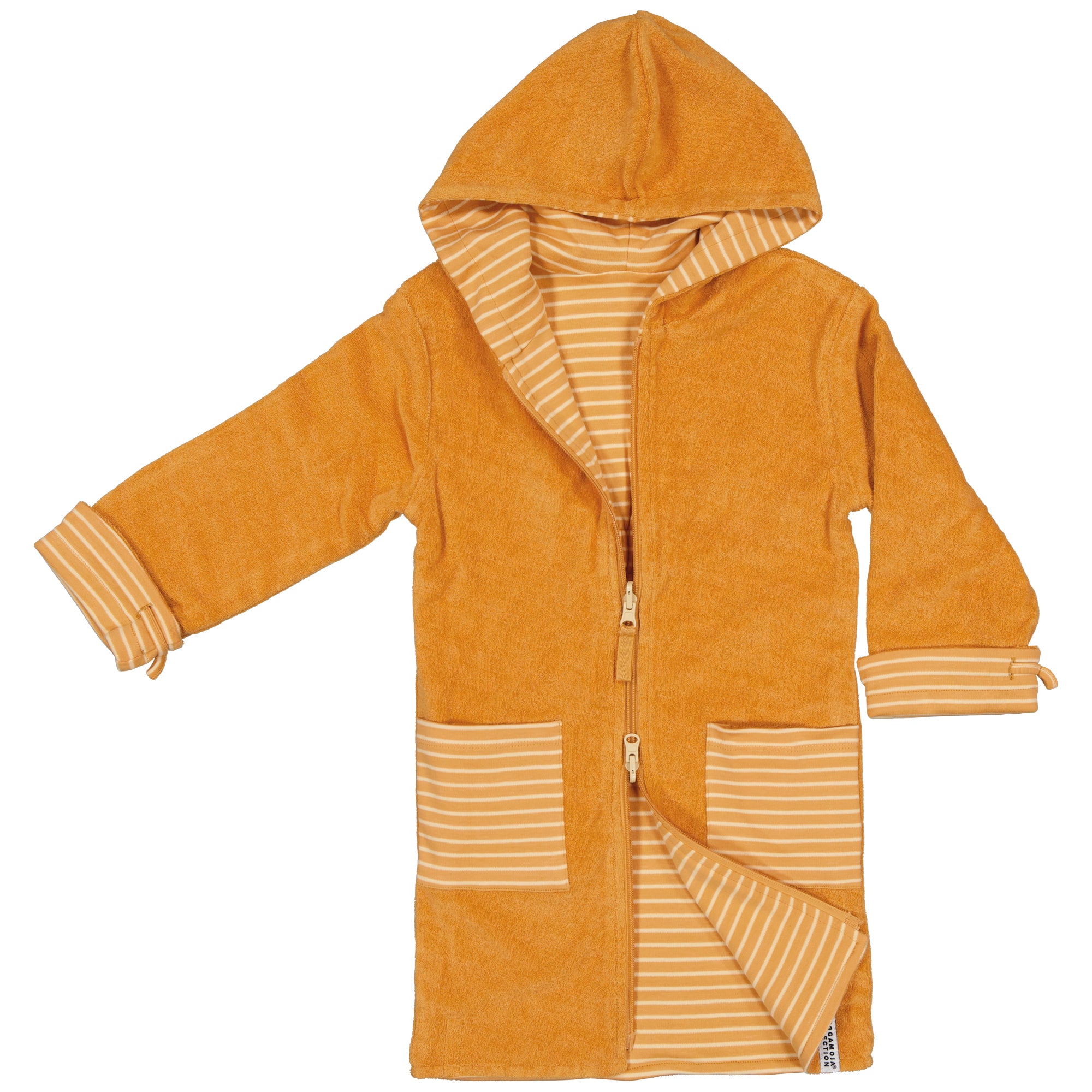 Yellow striped bathrobe in soft terry cloth with a hood and zipper from Geggamoja.