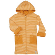 Yellow striped hooded terry bathrobe with zipper and pockets from Geggamoja.