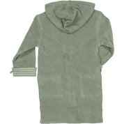 Green bathrobe in soft organic terry with a hood viewed from the back from Geggamoja.